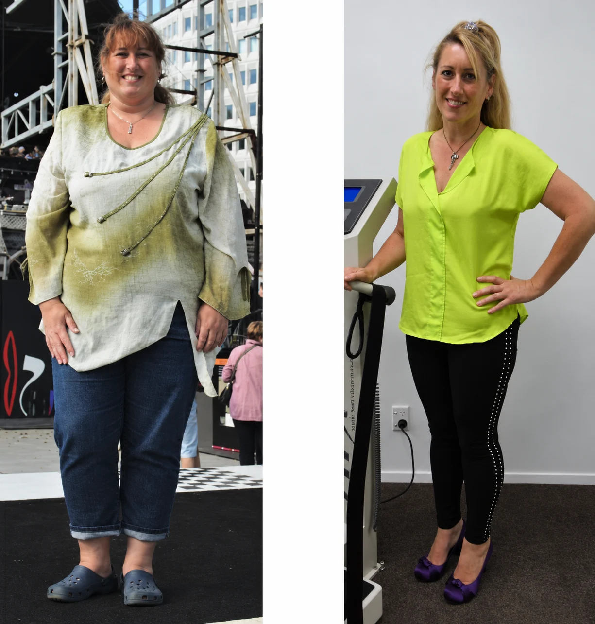 Supplied side-by-side photographs of a woman outdoors and beside a training machine